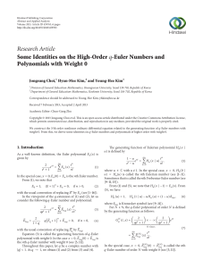 Research Article Some Identities on the High-Order Polynomials with Weight 0