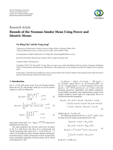 Research Article Bounds of the Neuman-Sándor Mean Using Power and Identric Means