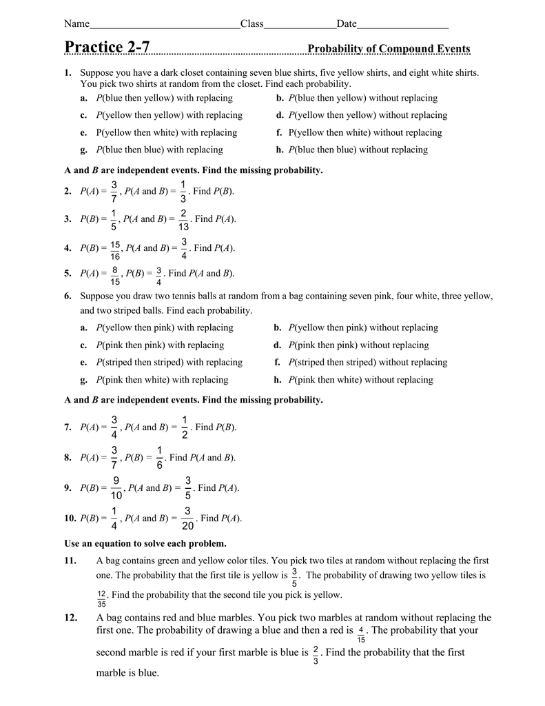 Practice 23-23 Probability of Compound Events Name With Probability Of Compound Events Worksheet