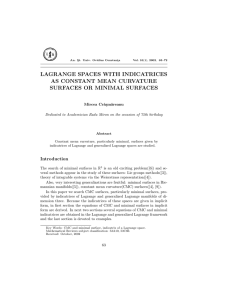 LAGRANGE SPACES WITH INDICATRICES AS CONSTANT MEAN CURVATURE SURFACES OR MINIMAL SURFACES