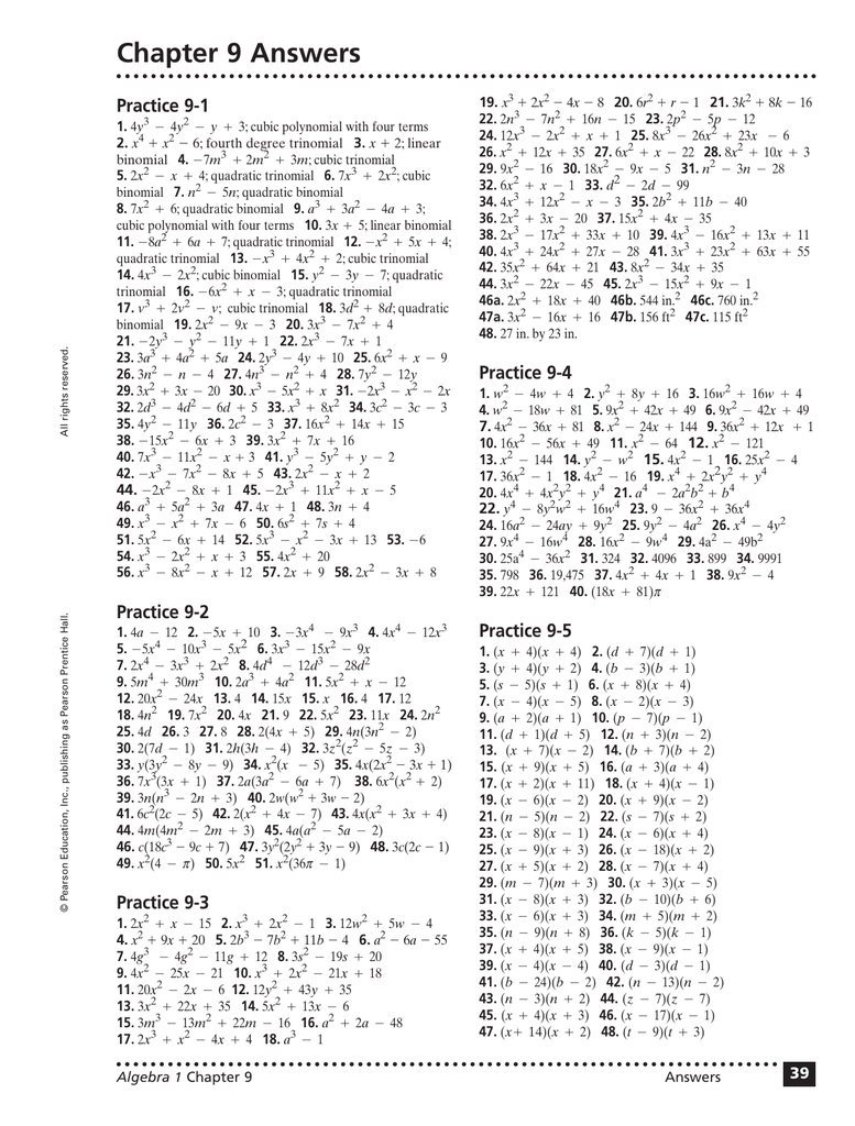 answers practice worksheet chapter pearson algebra factoring trinomials key prentice hall equations education inc worksheets excel db