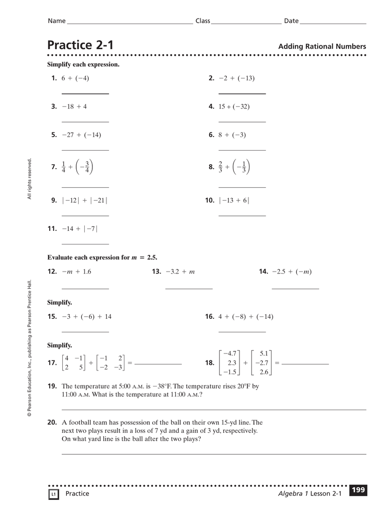 Practice 2 1 Adding Rational Numbers