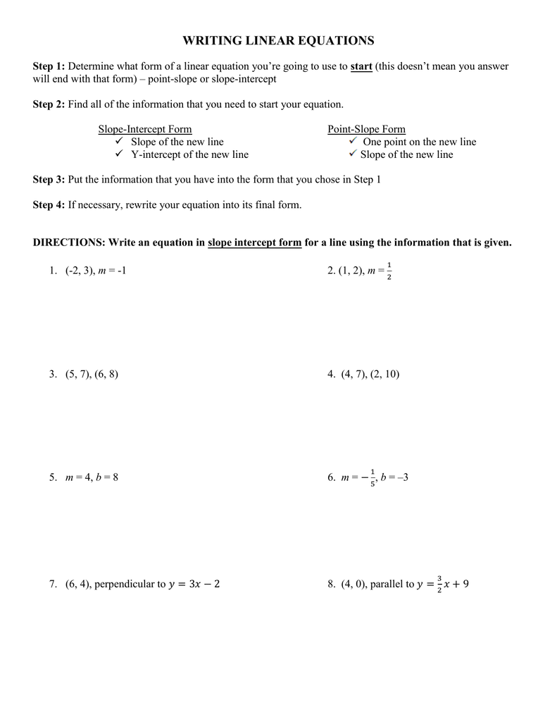 WRITING LINEAR EQUATIONS Intended For Writing Linear Equations Worksheet