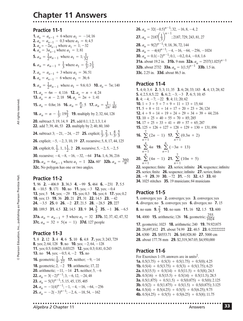 Chapter 11 Answers Practice 11 1 33 Algebra 2