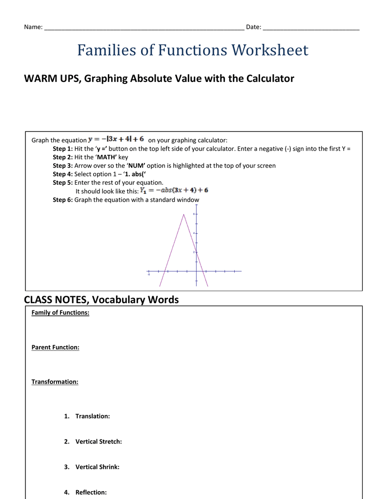 Families of Functions Worksheet With Regard To  Families Of Functions Worksheet