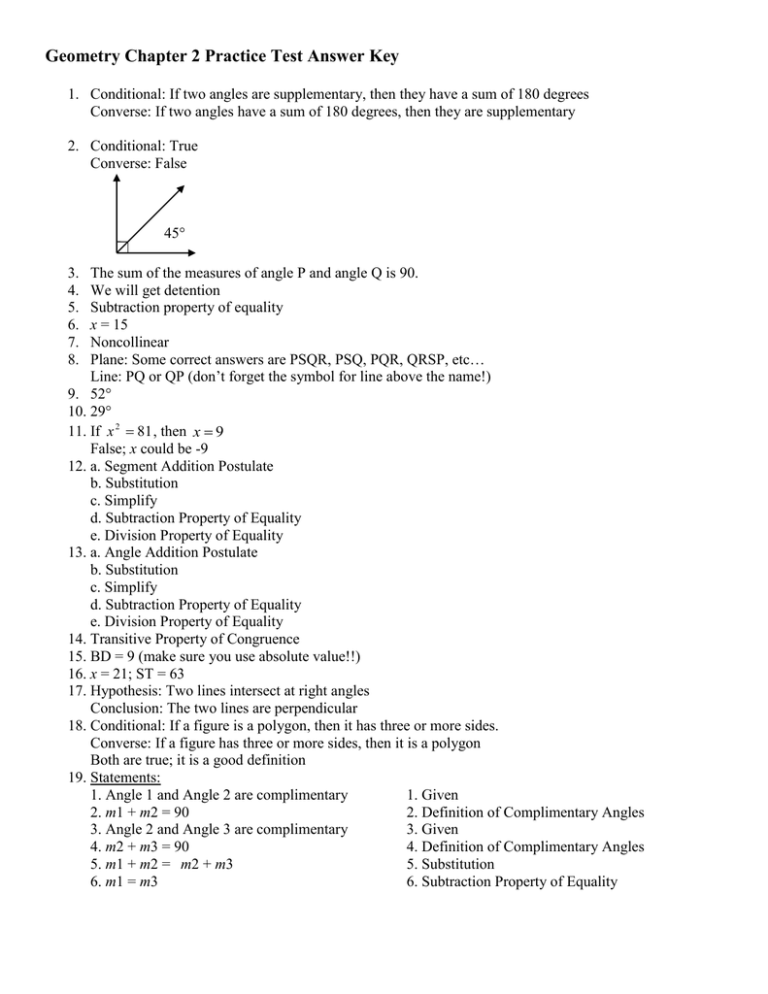 Geometry Chapter 2 Test Form A Answer Key