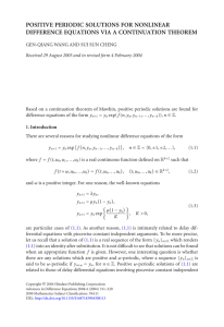 POSITIVE PERIODIC SOLUTIONS FOR NONLINEAR DIFFERENCE EQUATIONS VIA A CONTINUATION THEOREM