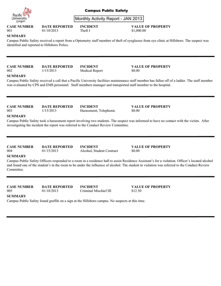 Monthly Activity Report JAN 2013