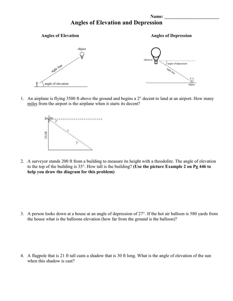 problem solving angles of elevation and depression answers pdf