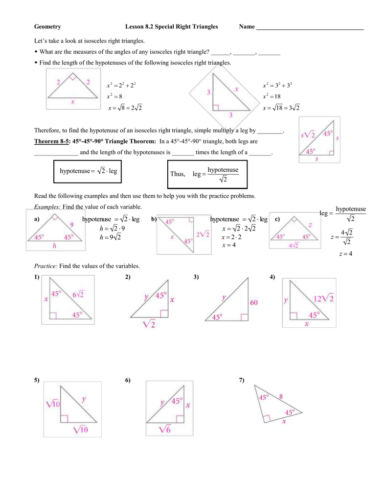 geometry special right triangles worksheet