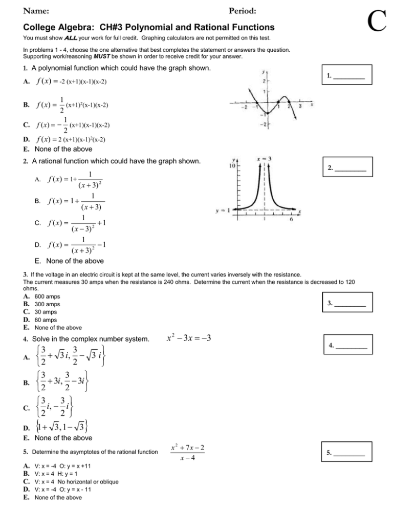 Name College Algebra Ch 3 Polynomial And Rational Functions