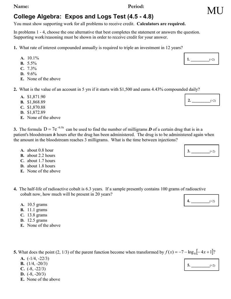 Mu College Algebra Expos And Logs Test 4 5 4 8