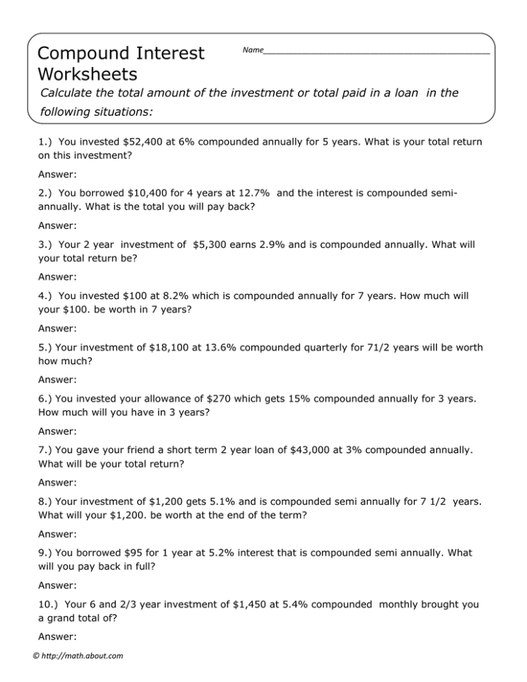 Compound Interest Worksheets Following Situations 