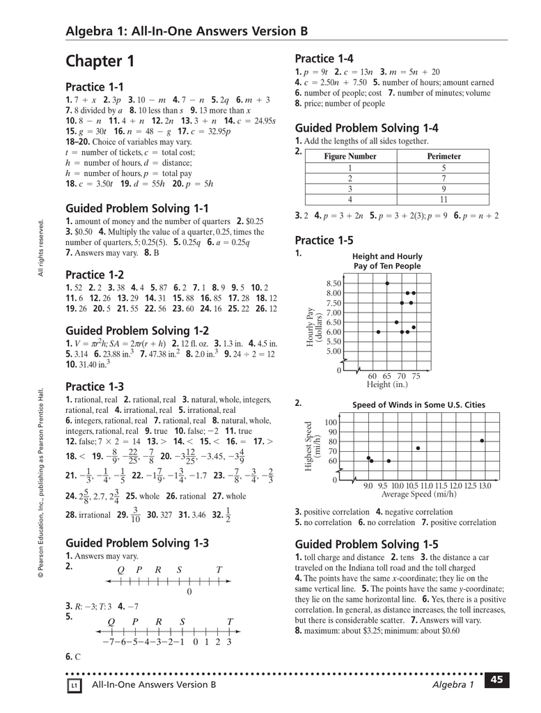 algebra 1 practice and problem solving workbook answer key