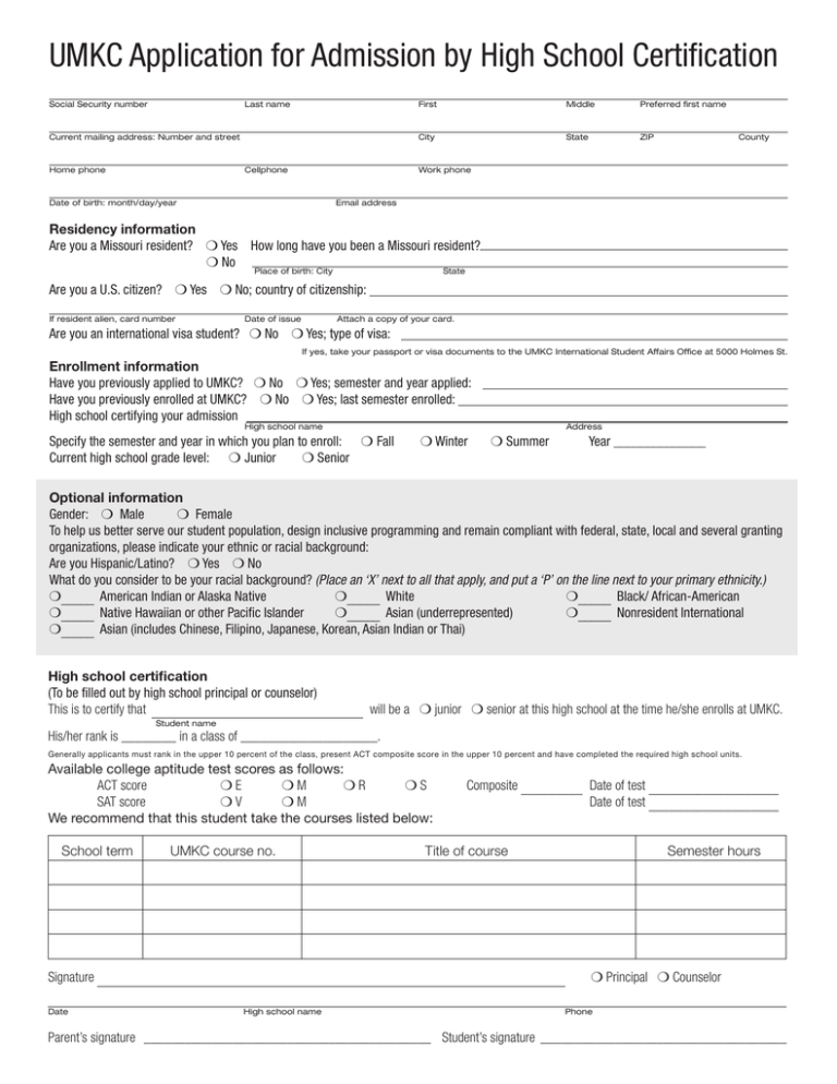 UMKC Application for Admission by High School Certification