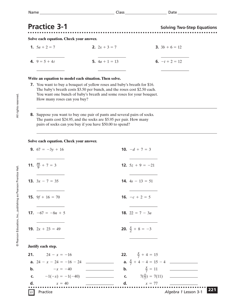 Practice 23-23 Solving Two-Step Equations Within Writing Two Step Equations Worksheet