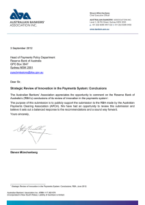 3 September 2012 Head of Payments Policy Department Reserve Bank of Australia