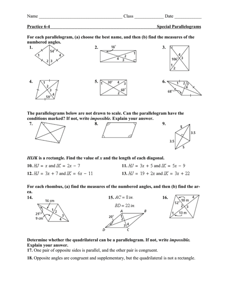 Name Class Date Practice 6 4 Special Parallelograms