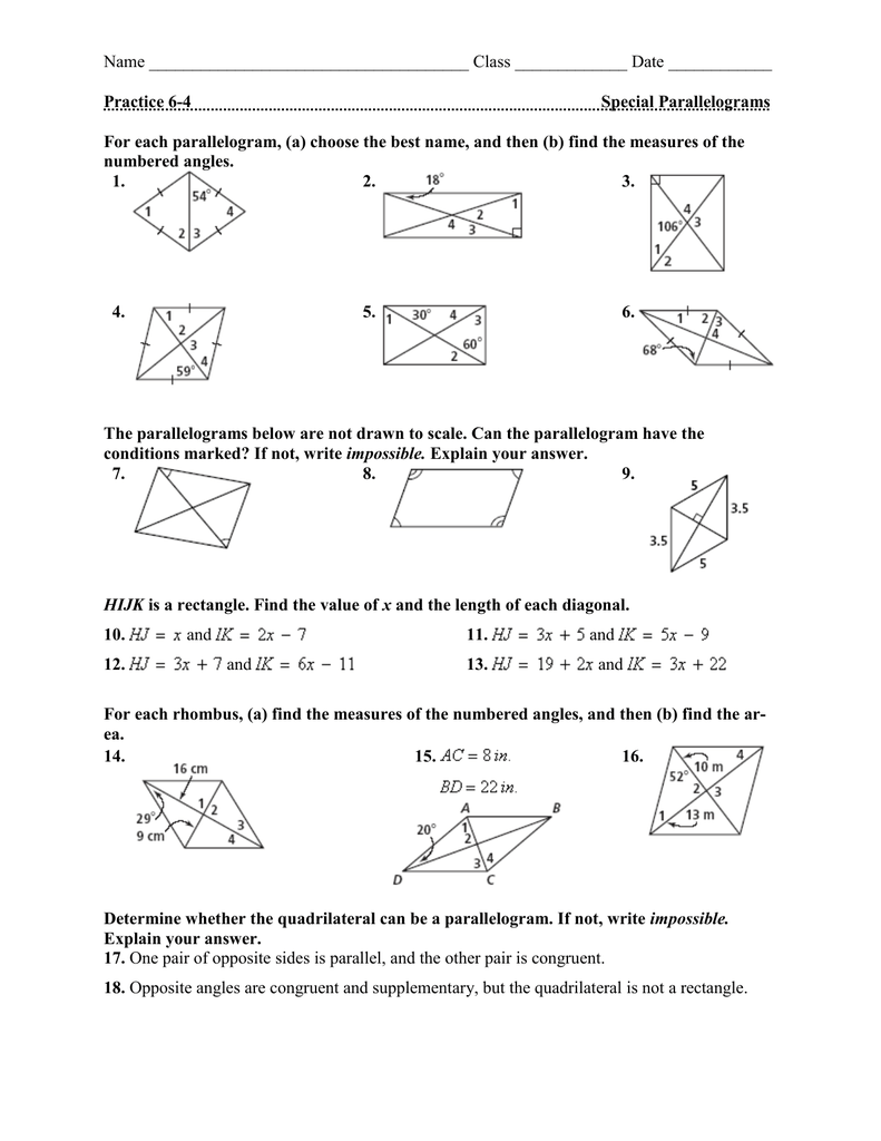 Special Parallelograms Worksheet Answers