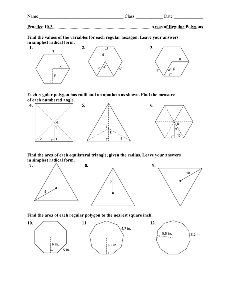 Name Class Date Practice 10 3 Areas Of Regular Polygons