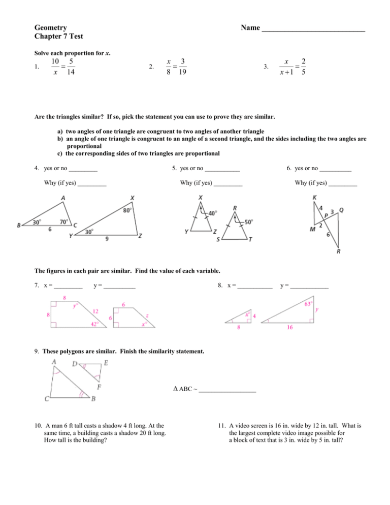 8 Chapter 7 Test Form 2B Answer Key Geometry MichealRaafiah