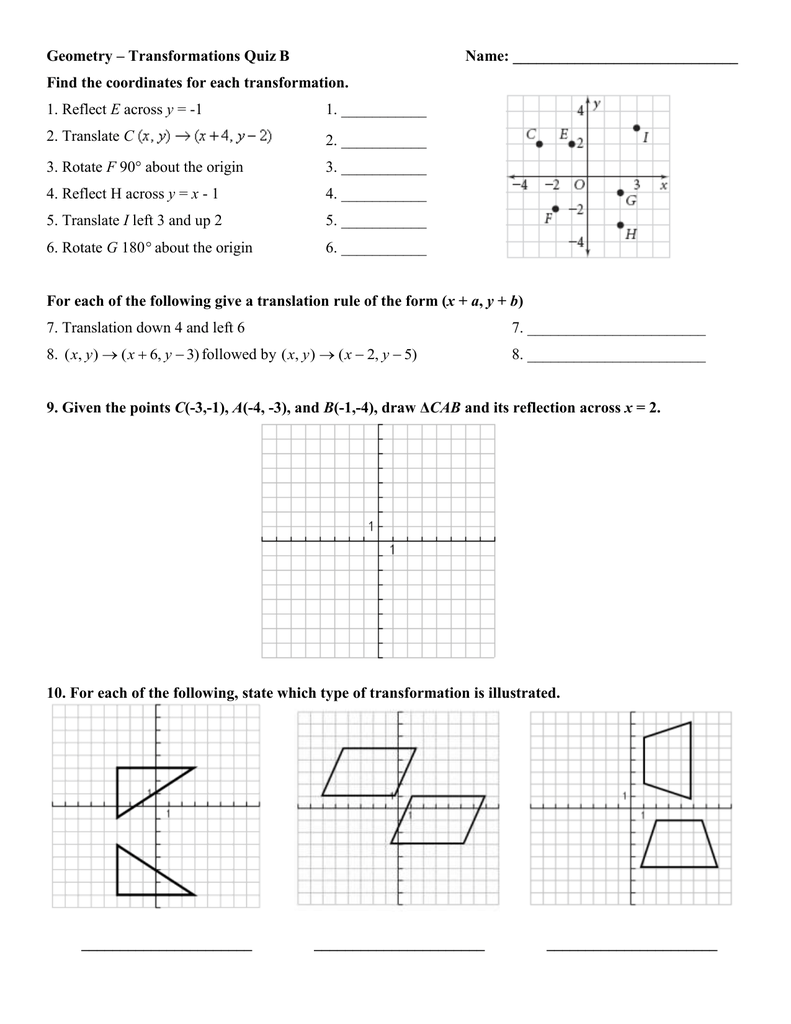 Geometry – Transformations Quiz B Name: With Geometry Transformations Worksheet Pdf