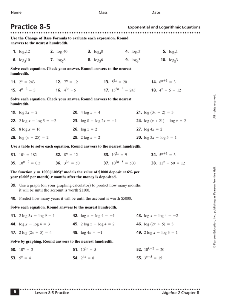 Exponential And Logarithmic Equations Practice 8 5 Answers Tessshebaylo