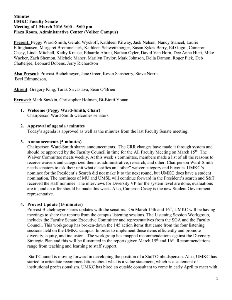 Minutes Umkc Faculty Senate Plaza Room Administrative
