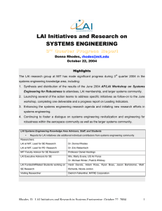 LAI Initiatives and Research on SYSTEMS ENGINEERING 3 Quarter Progress Report