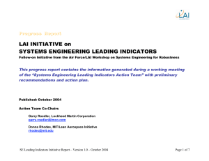 LAI INITIATIVE on SYSTEMS ENGINEERING LEADING INDICATORS Progress Report Progress  Report