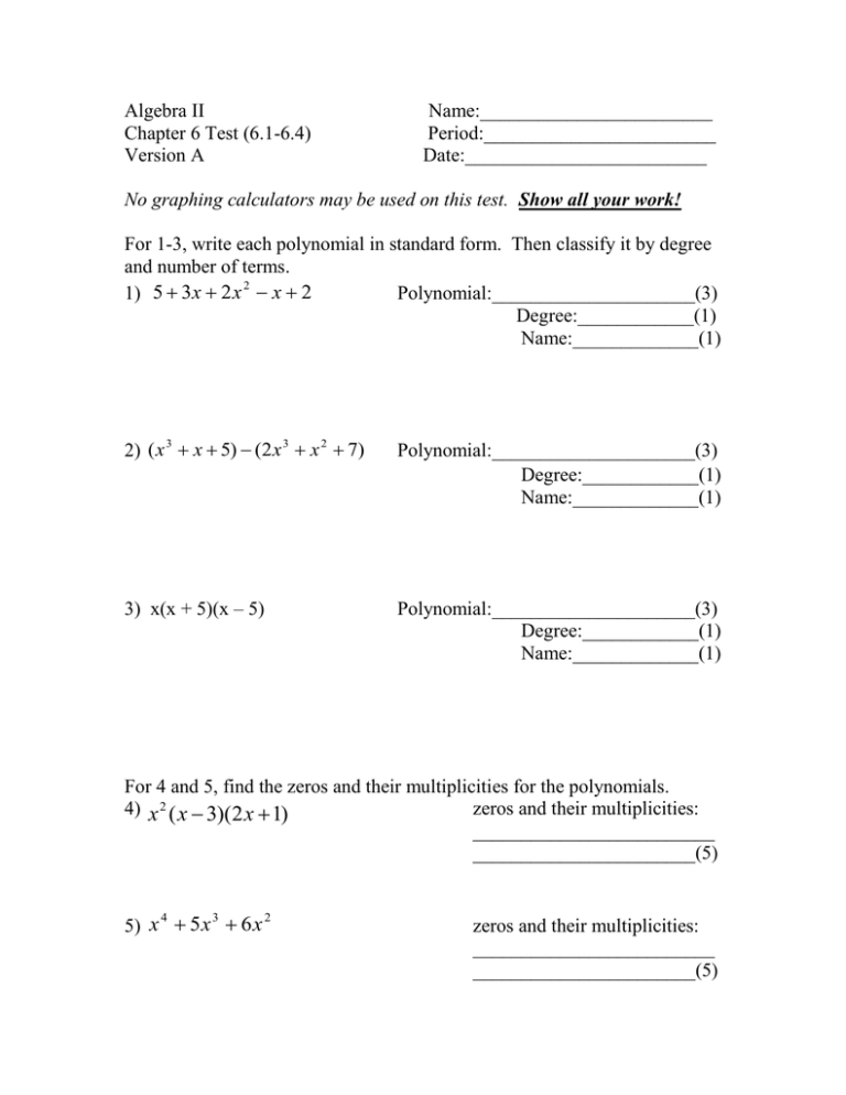 Algebra II Name Chapter 6 Test 6 1 6 4 