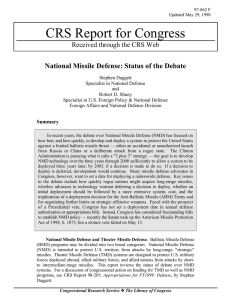 CRS Report for Congress National Missile Defense: Status of the Debate