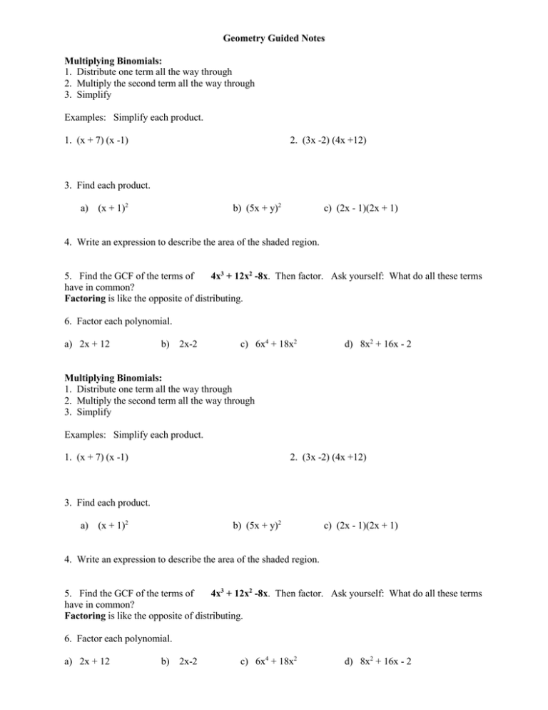 Geometry Guided Notes Multiplying Binomials 