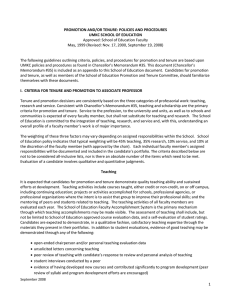PROMOTION AND/OR TENURE: POLICIES AND PROCEDURES  UMKC SCHOOL OF EDUCATION  Approved: School of Education Faculty  May, 1999 (Revised: Nov. 17, 2000, September 19, 2008) 