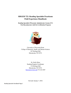RDGED 722: Reading Specialist Practicum Field Experience Handbook