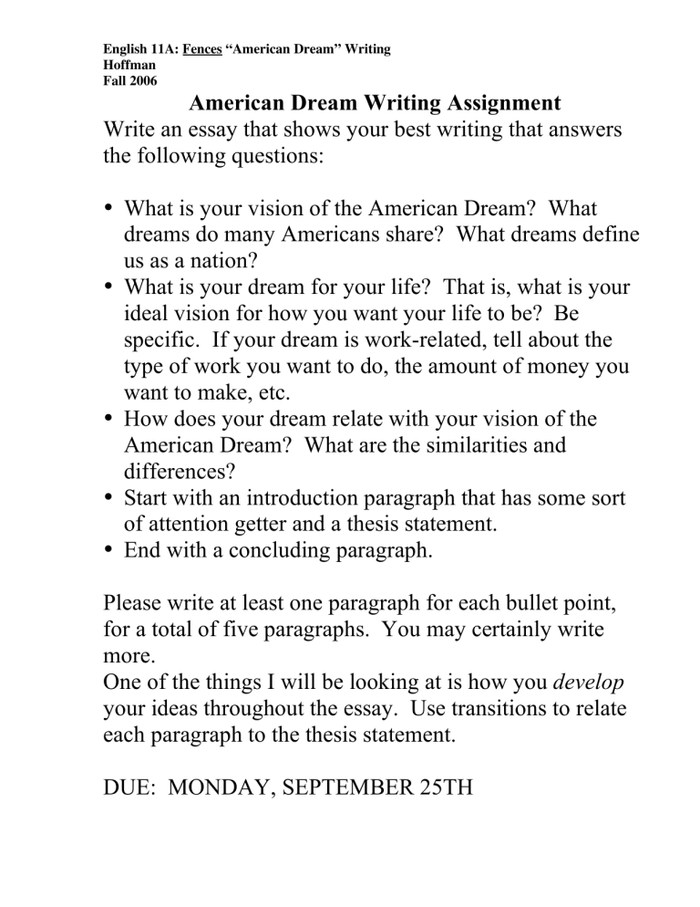 american dream writing assignment