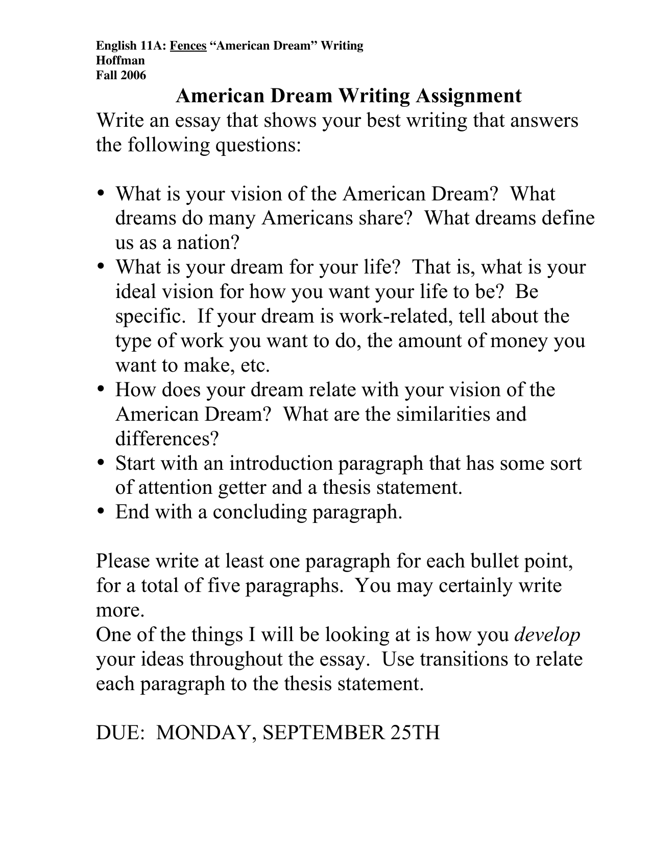 thesis statement for american dream research paper