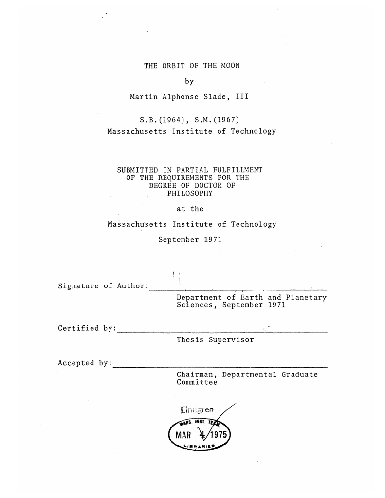 THE ORBIT OF THE MOON S.B.(1964), S.M.(1967)