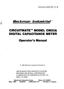 B s c k m 3 n  I n... CIRCUITMATE'&#34; MODEL CM20A DIGITAL CAPACITANCE METER Operator's Manual