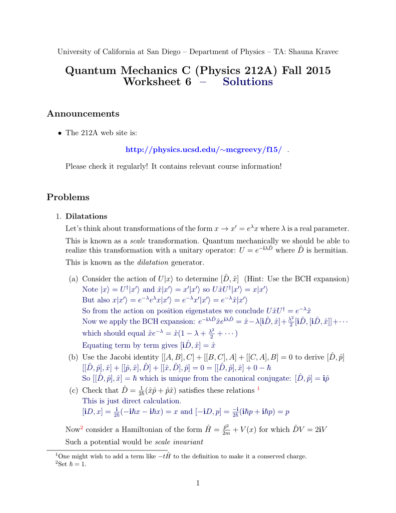Quantum Mechanics C Physics 212a Fall 15 Worksheet 6 Solutions