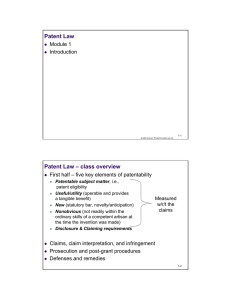 Patent Law Patent Law – class overview Module 1 Introduction