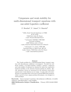 Uniqueness and weak stability for multi-dimensional transport equations with one-sided Lipschitz coefficient