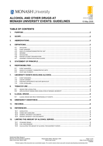 ALCOHOL AND OTHER DRUGS AT MONASH UNIVERSITY EVENTS: GUIDELINES  TABLE OF CONTENTS