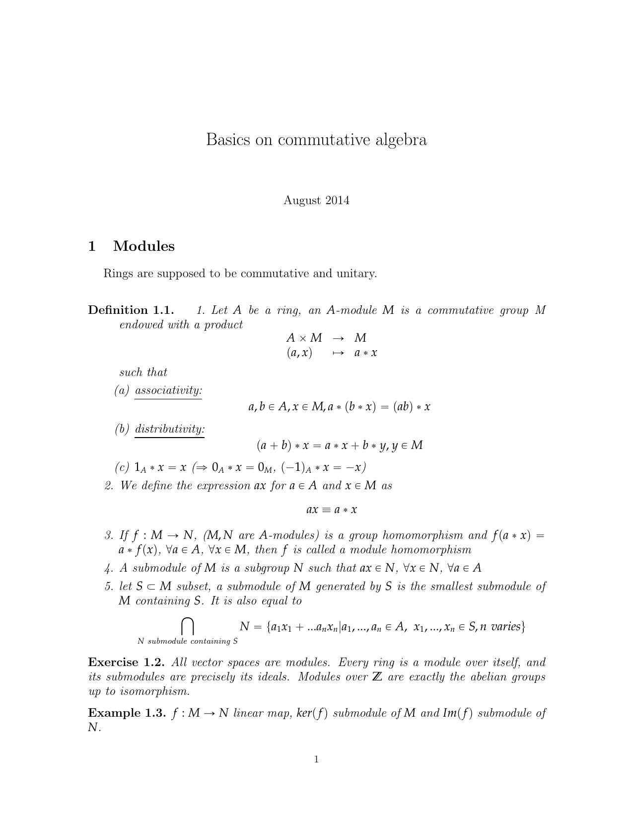 Basics On Commutative Algebra 1 Modules