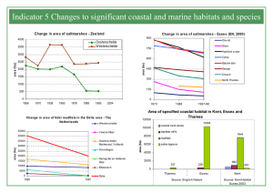 Indicator 5 Changes to significant coastal and marine habitats and...  Change  in are a of saltmarshe s - Ze... Area of specified coastal habitat in Kent, Essex and