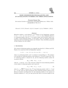 INTEGERS 14 (2014) #A8 SOME CONGRUENCES FOR BALANCING AND