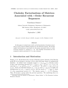 Cholesky Factorizations of Matrices Associated with Sequences Pantelimon St˘