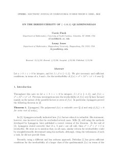 ON THE IRREDUCIBILITY OF {−1, 0, 1}–QUADRINOMIALS Carrie Finch