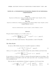 NOTE ON A CONGRUENCE INVOLVING PRODUCTS OF BINOMIAL COEFFICIENTS Ping Xu