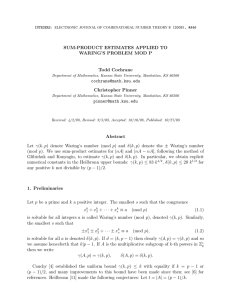 SUM-PRODUCT ESTIMATES APPLIED TO WARING’S PROBLEM MOD P Todd Cochrane